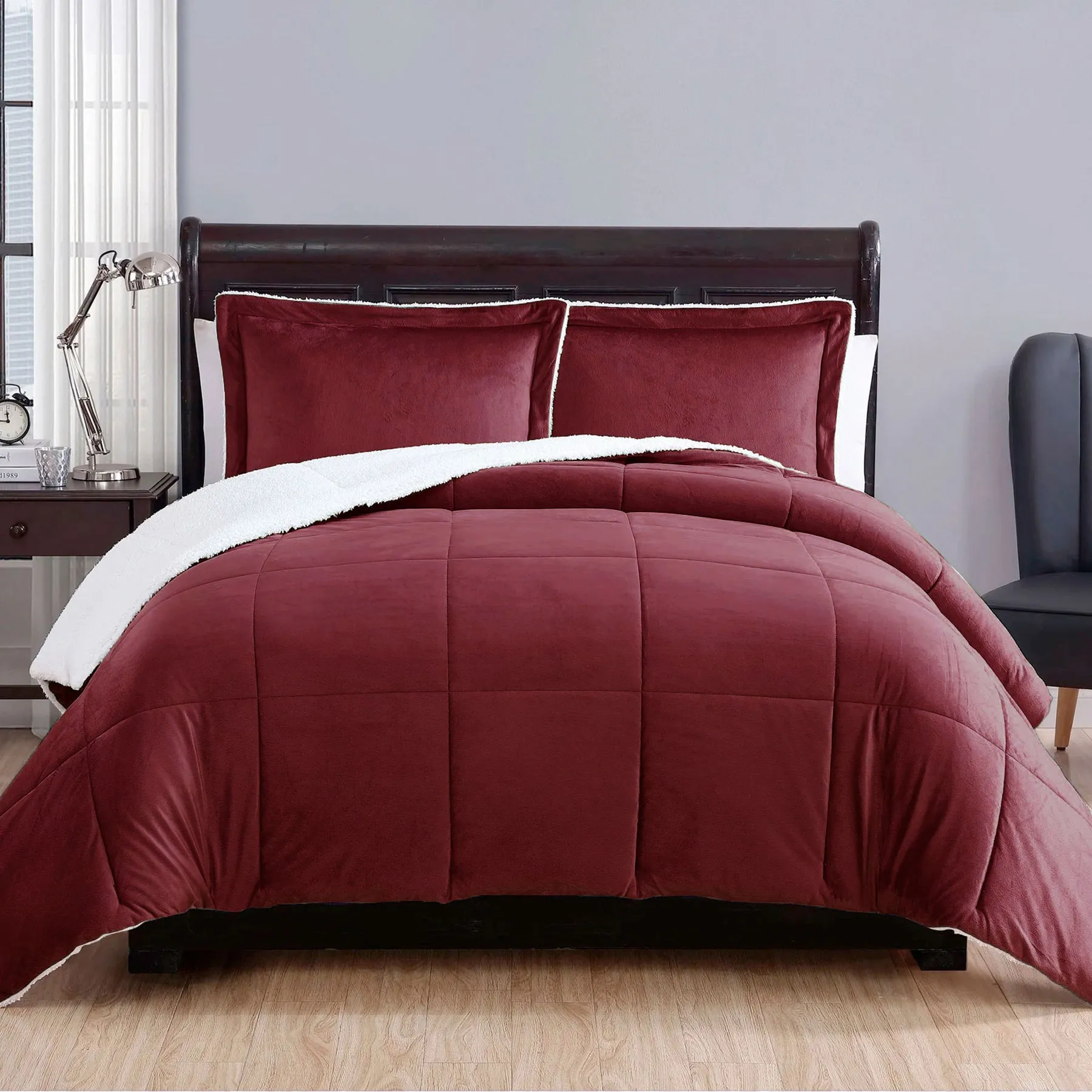 3 Piece Ultra-soft Micro Mink Comforter Set | Queen | Sherpa Reverse | Burgundy