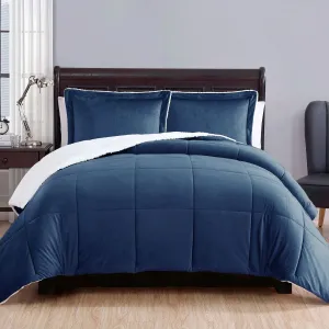 3 Piece Ultra-soft Micro Mink Comforter Set | Queen | Sherpa Reverse | Navy Blue