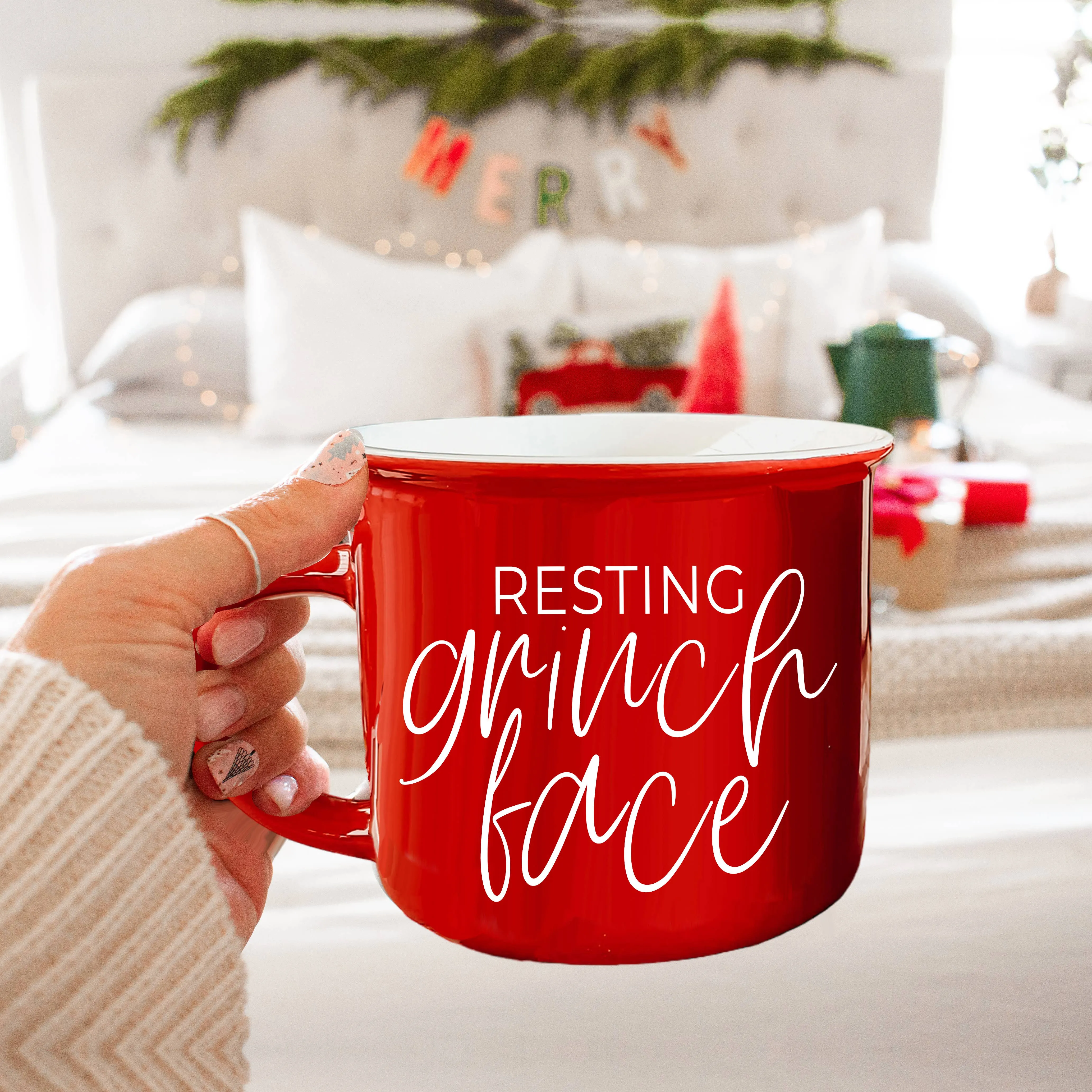 Christmas Coffee Mugs Ceramic, Red   Green Holiday Drinkware: Red Mug / Freaking Jolly