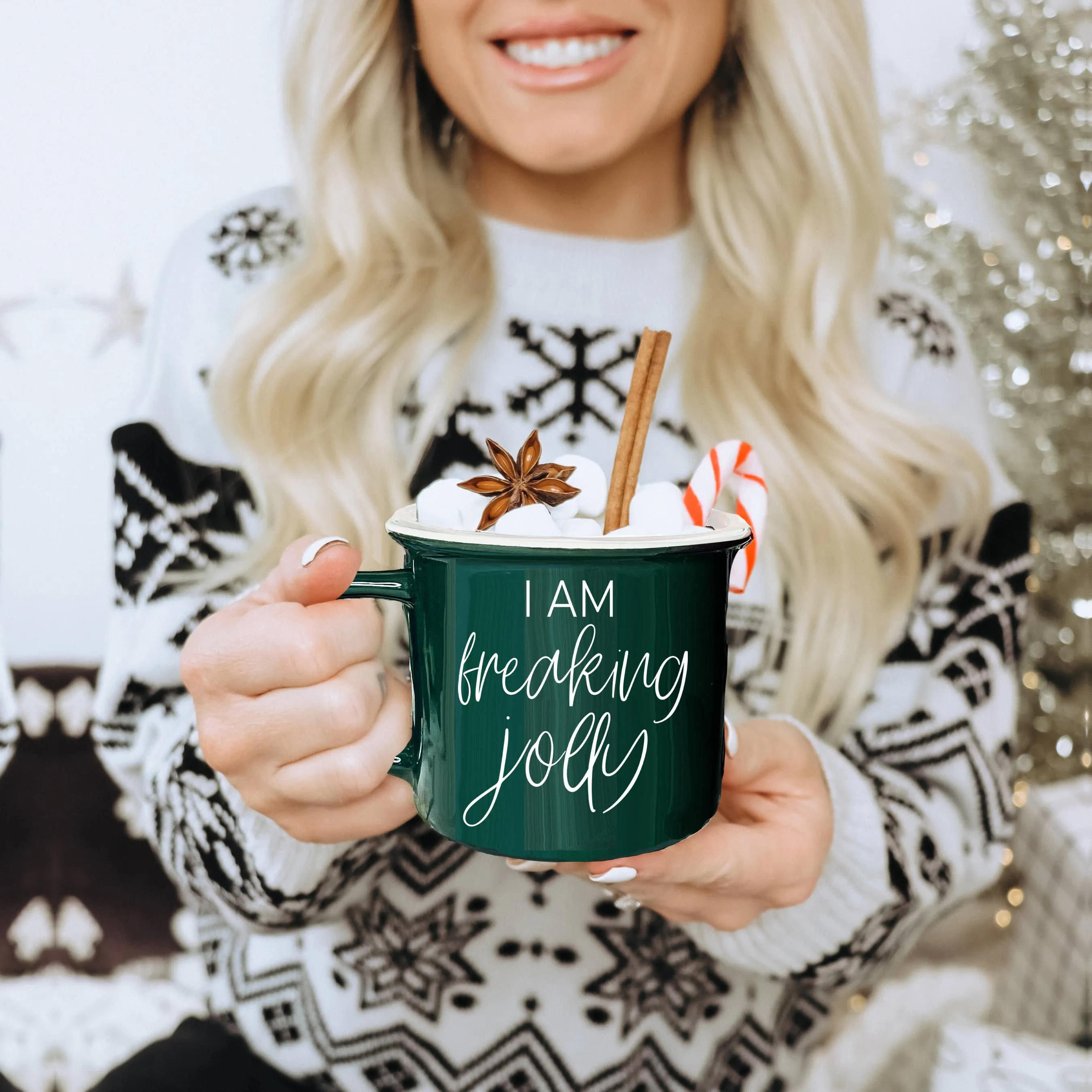 Christmas Coffee Mugs Ceramic, Red   Green Holiday Drinkware: Red Mug / Freaking Jolly