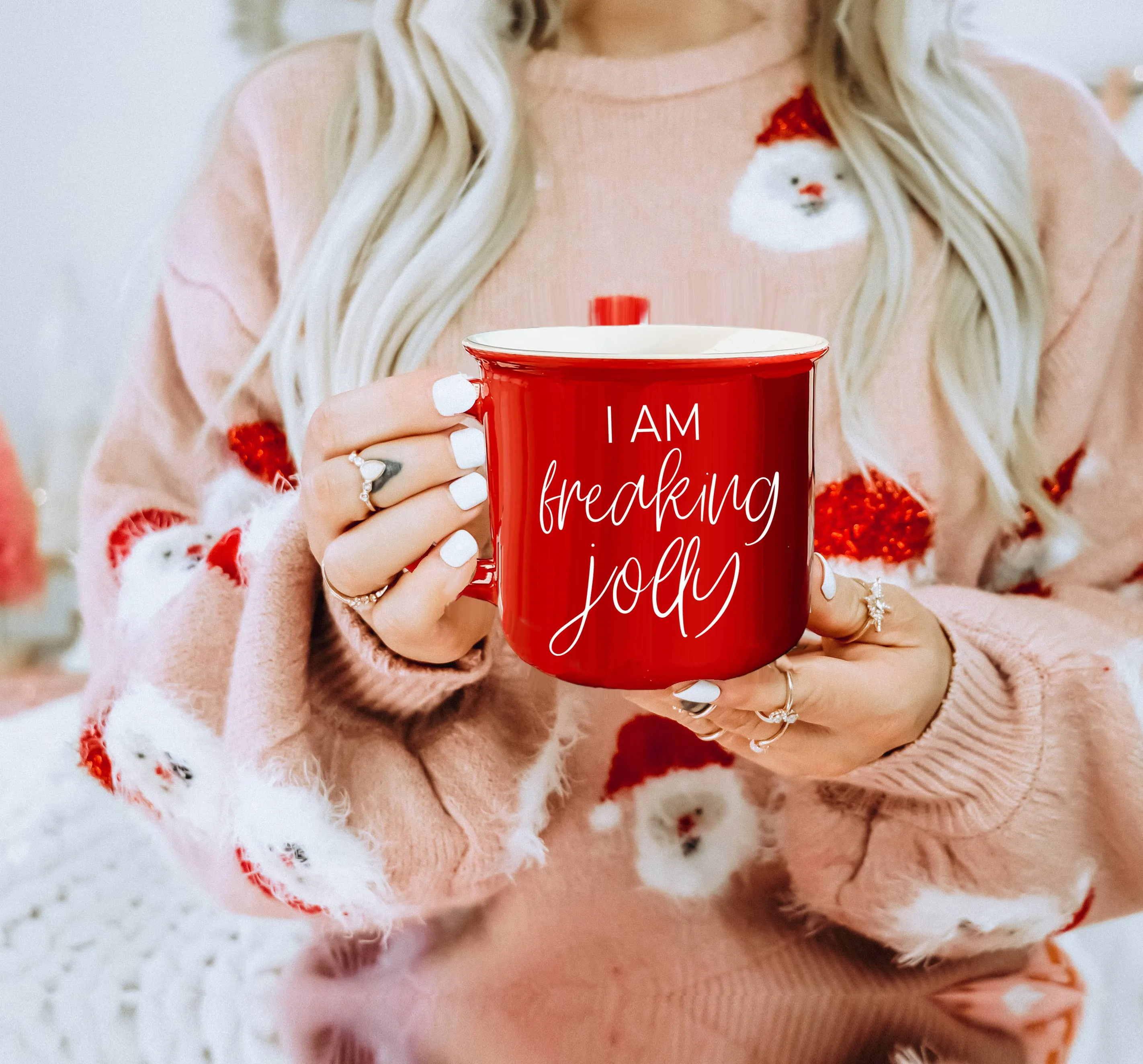 Christmas Coffee Mugs Ceramic, Red   Green Holiday Drinkware: Red Mug / Freaking Jolly