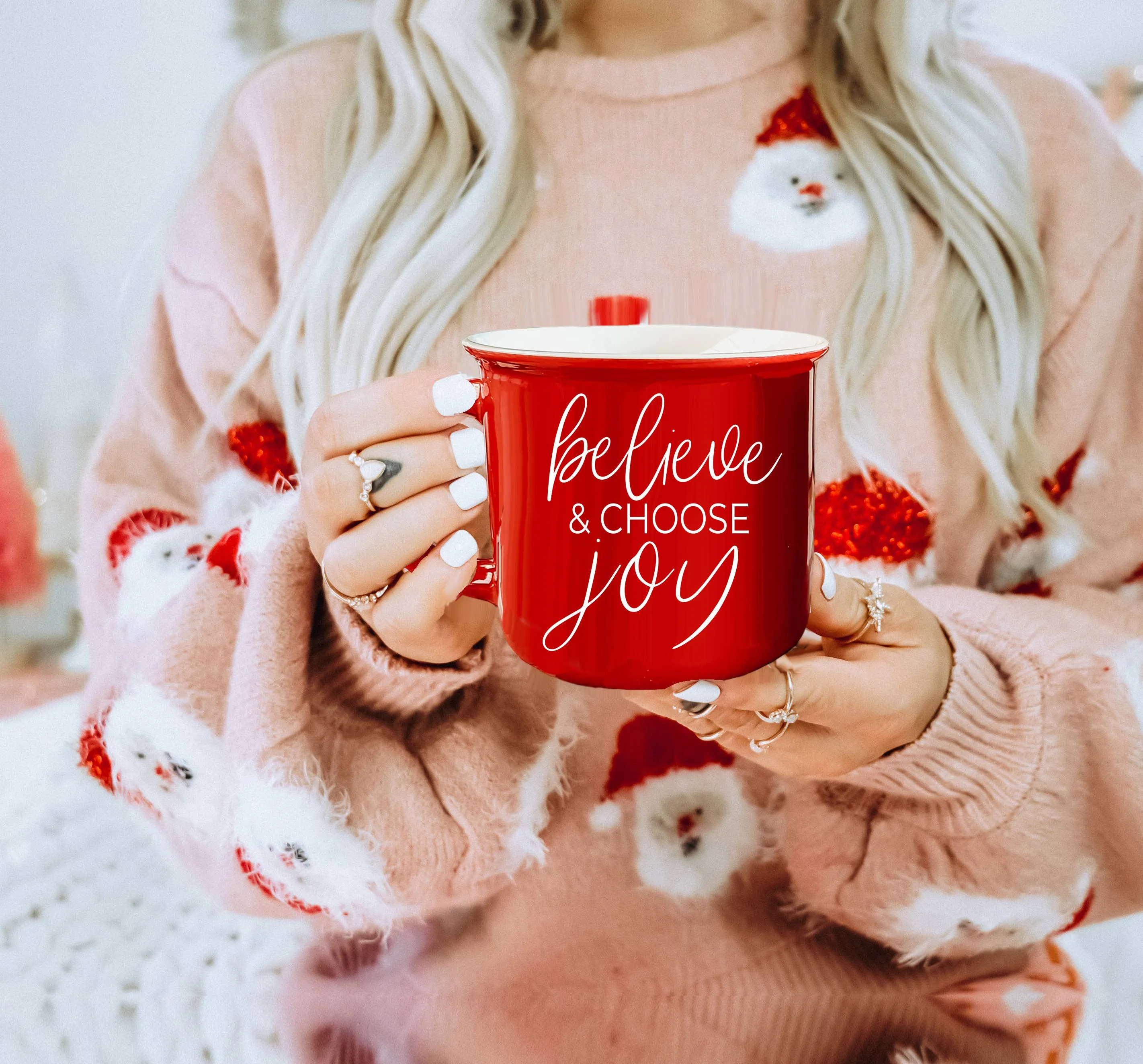 Christmas Coffee Mugs Ceramic, Red   Green Holiday Drinkware: Red Mug / Freaking Jolly