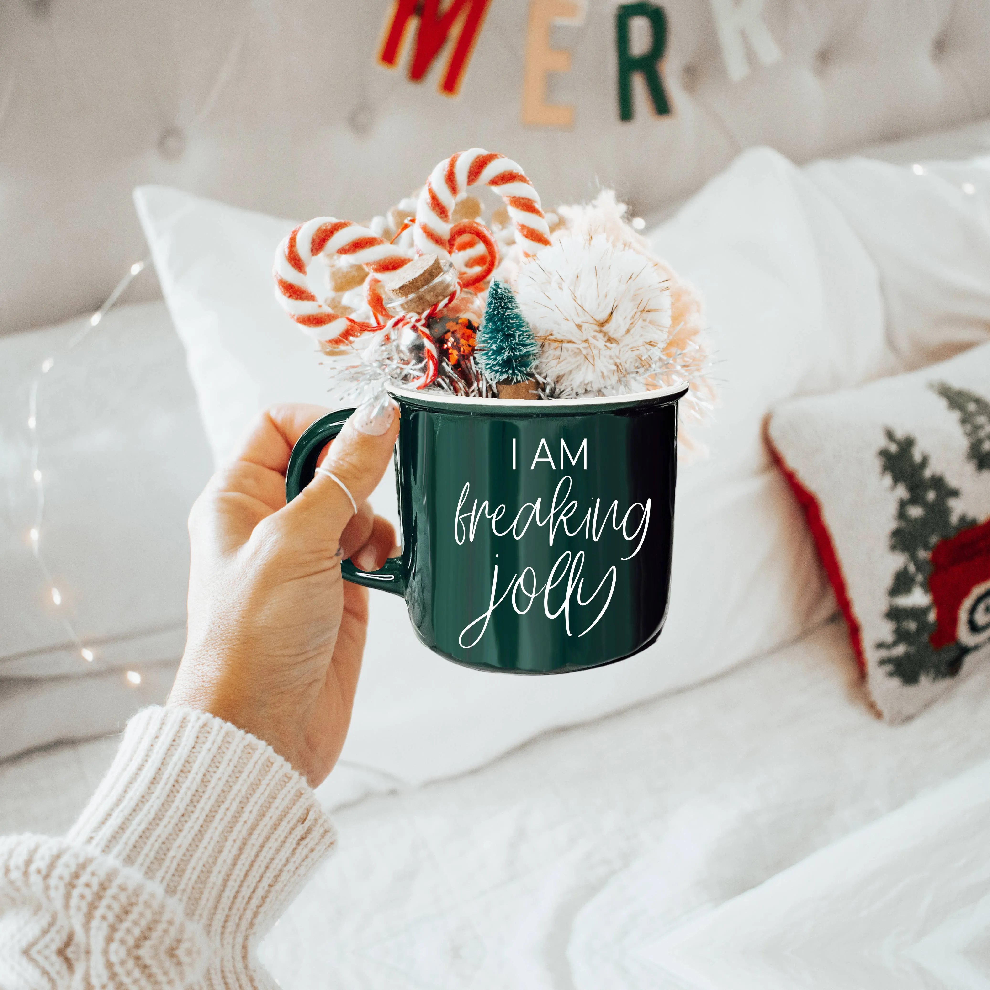 Christmas Coffee Mugs Ceramic, Red   Green Holiday Drinkware: Red Mug / Freaking Jolly