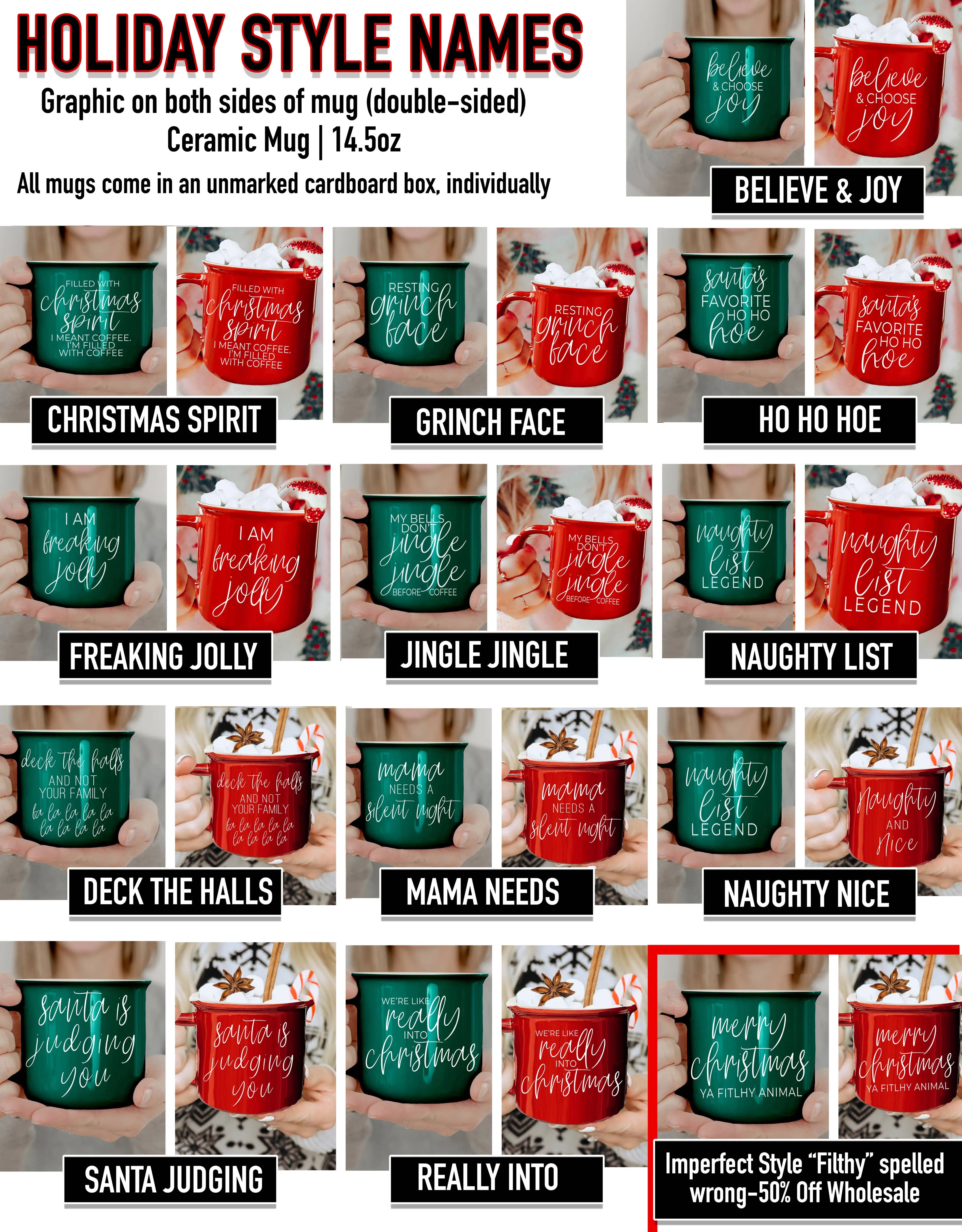 Christmas Coffee Mugs Ceramic, Red   Green Holiday Drinkware: Red Mug / Freaking Jolly