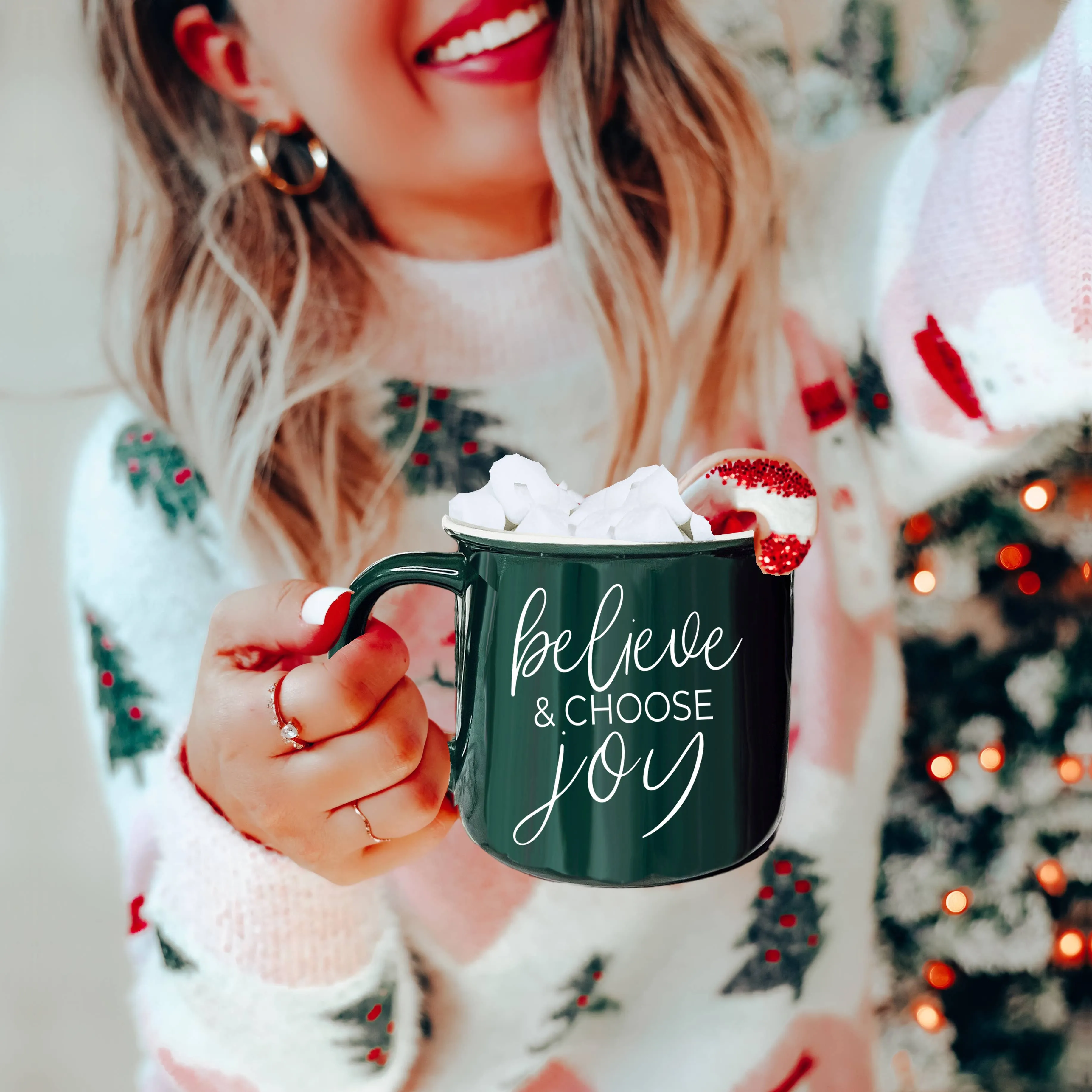 Christmas Coffee Mugs Ceramic, Red   Green Holiday Drinkware: Red Mug / Freaking Jolly