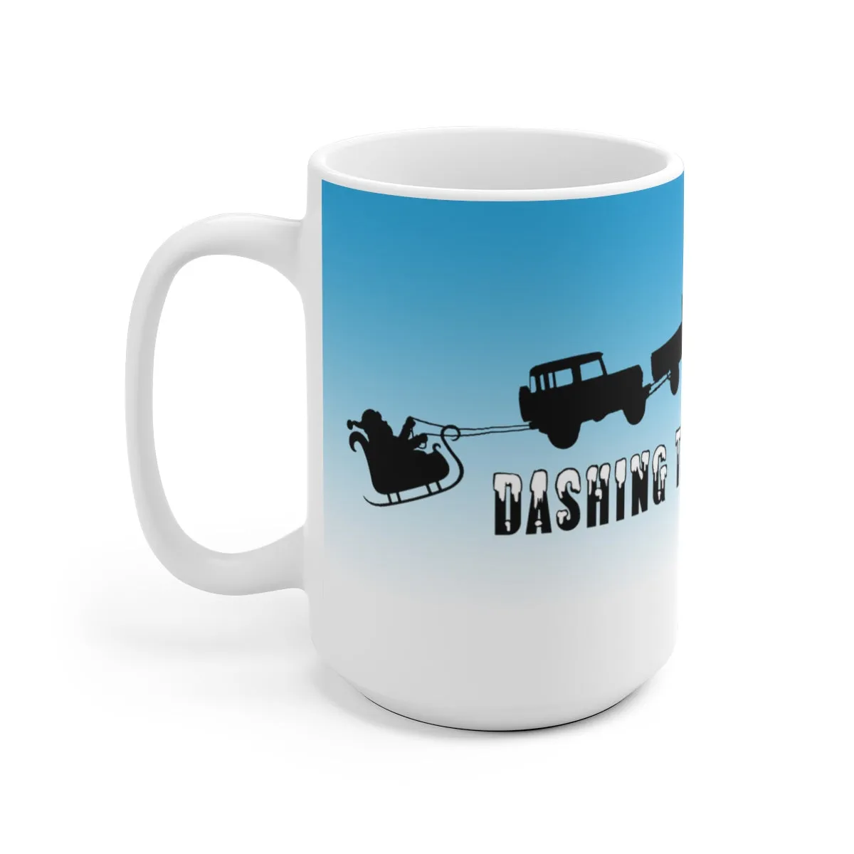 Land Cruiser Christmas Coffee Mug "Dashing Through the Snow" Santa White Ceramic Mug