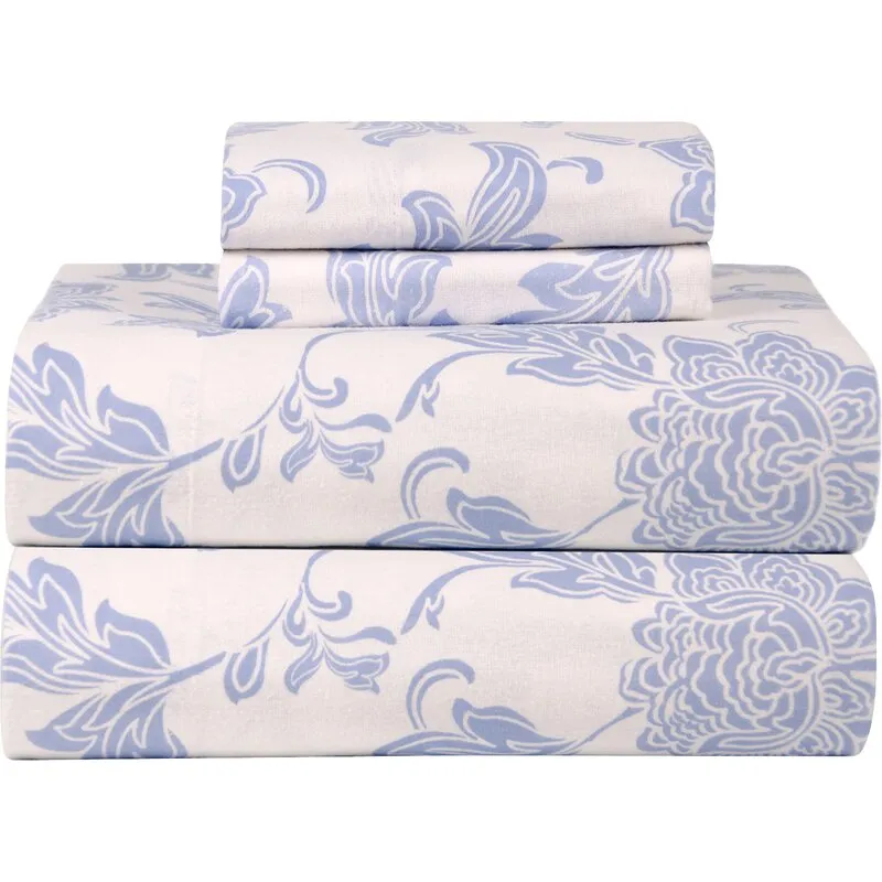 Rascot Blue Floral 100% Cotton Flannel Sheet Set